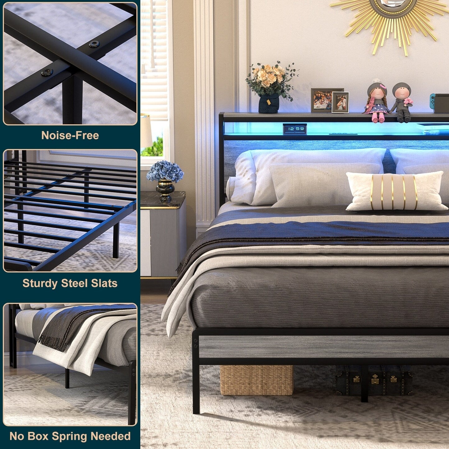 Farmhouse Wood Platform Bed Frame with Charged Station and LED Lights