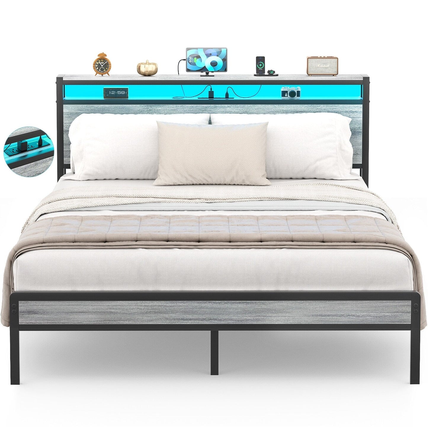 Farmhouse Wood Platform Bed Frame with Charged Station and LED Lights