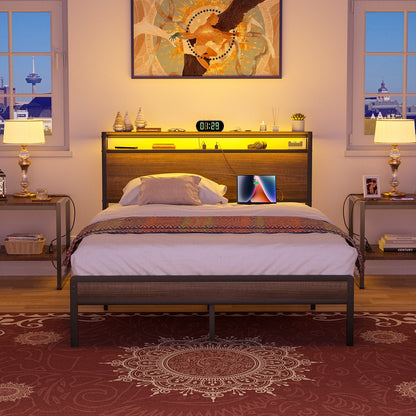 Farmhouse Wood Platform Bed Frame with Charged Station and LED Lights