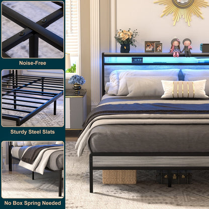 Farmhouse Wood Platform Bed Frame with Charged Station and LED Lights