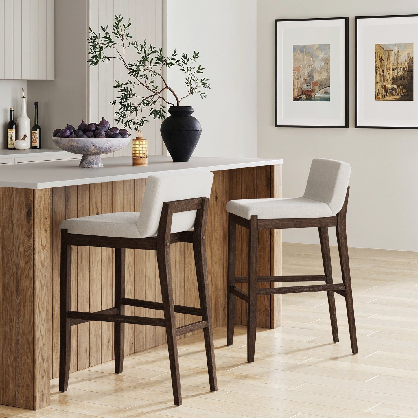Gracie Modern Bar Stool, Boucle Upholstered Chair and Brushed Wooden Legs
