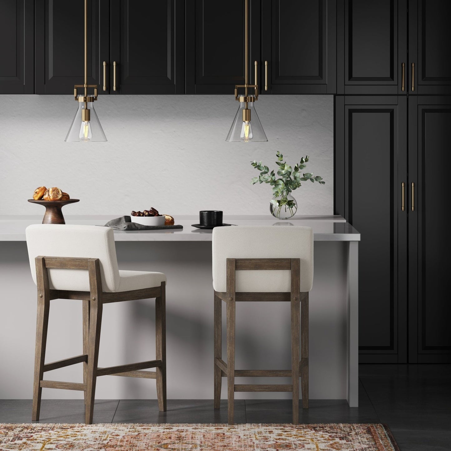 Gracie Modern Bar Stool, Boucle Upholstered Chair and Brushed Wooden Legs