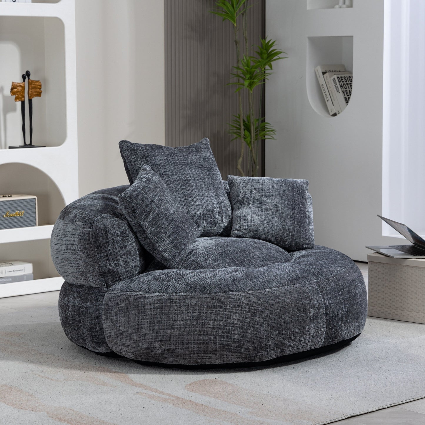 Gray Oversized 42.52 Chenille Lazy Bean Bag Single Sofa with Three Pillows for Bedroom