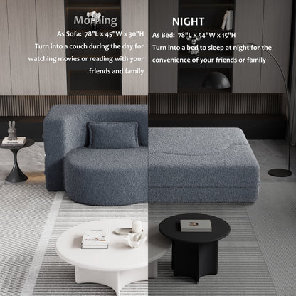 Grey 78 Convertible Teddy Fabric Loveseat Foam-Filled Floor Sofa Bed with 2 Pillows and Folding Mattress for Living Room