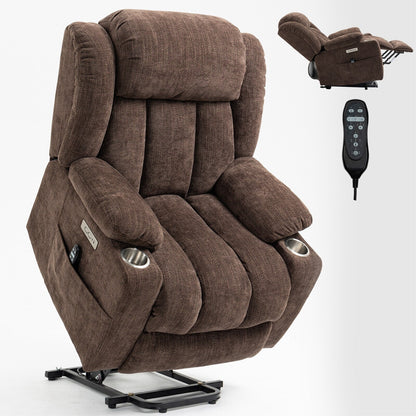 Grey Chenille Power Lift Recliner with Massage, Lumbar Heating, USB & Type-C Ports, and Stainless Steel Drink Holders