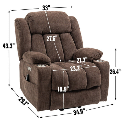 Grey Chenille Power Lift Recliner with Massage, Lumbar Heating, USB & Type-C Ports, and Stainless Steel Drink Holders