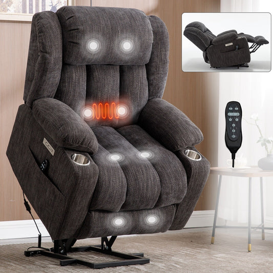 Grey Chenille Power Lift Recliner with Massage, Lumbar Heating, USB & Type-C Ports, and Stainless Steel Drink Holders