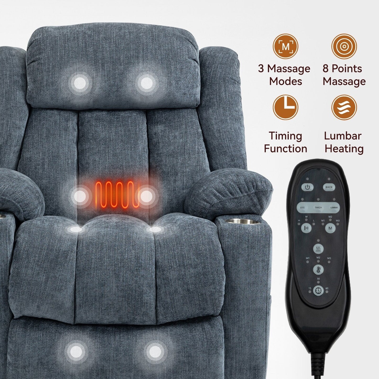 Grey Chenille Power Lift Recliner with Massage, Lumbar Heating, USB & Type-C Ports, and Stainless Steel Drink Holders