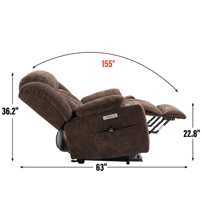 Grey Chenille Power Lift Recliner with Massage, Lumbar Heating, USB & Type-C Ports, and Stainless Steel Drink Holders