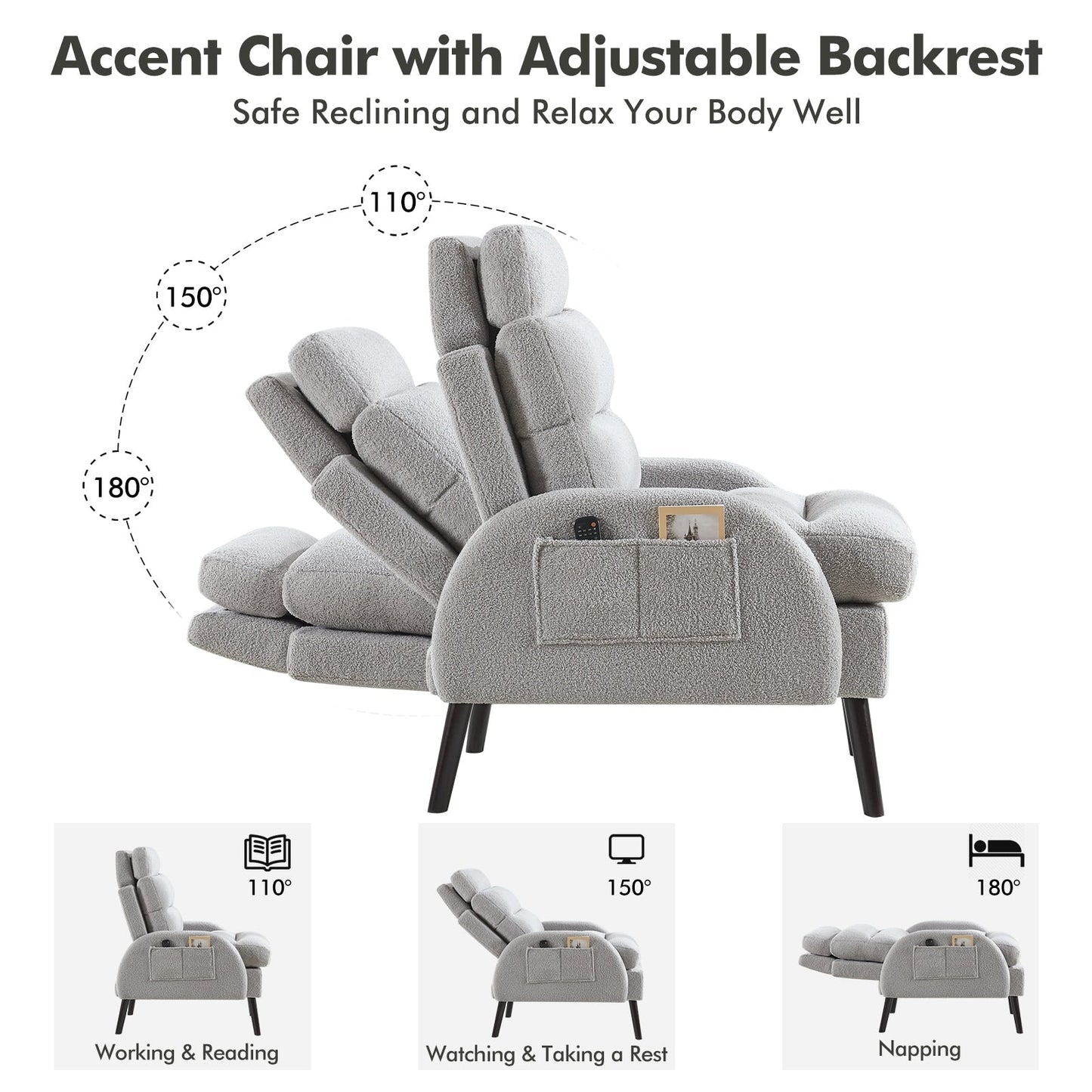 HOMYKA Accent Lounge Chair with Adjustable Backrest Storage Ottoman
