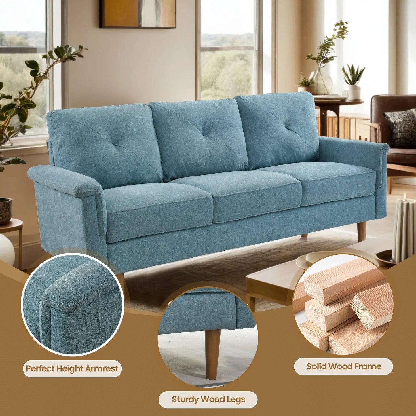 HOOOWOOO Mid-Century 3-Seat Upholstered Sofa with Wood Legs for Living Room