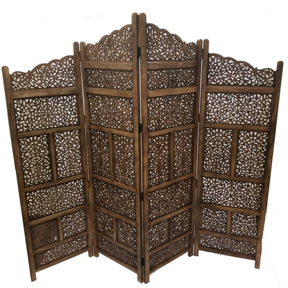 Benzara Hand Carved Foldable 4 Panel Wooden Partition Screen/RoomDivider,Brown