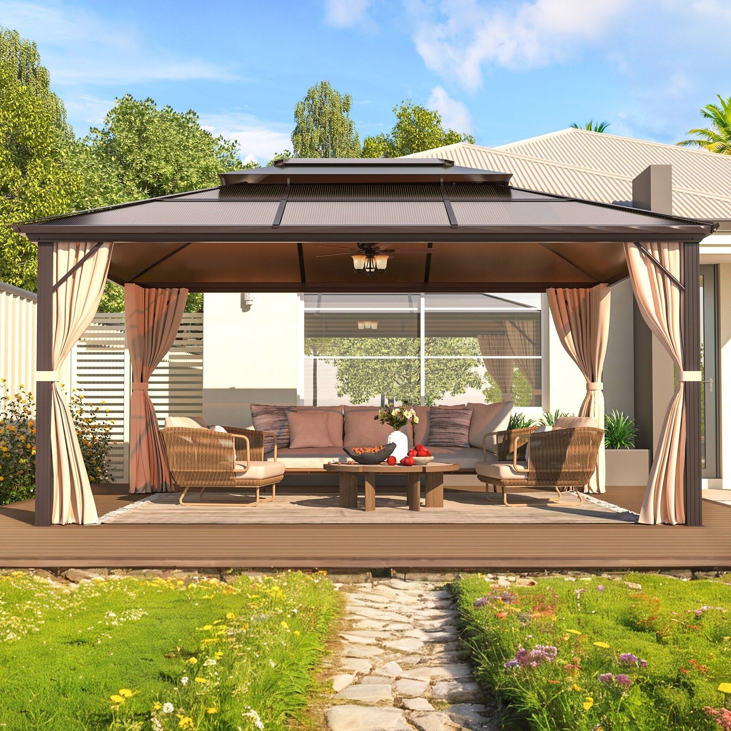 Hardtop Gazebo for Backyard – Permanent Pergola with Netting, Curtains & Double Roof, All-Weather Outdoor Shelter