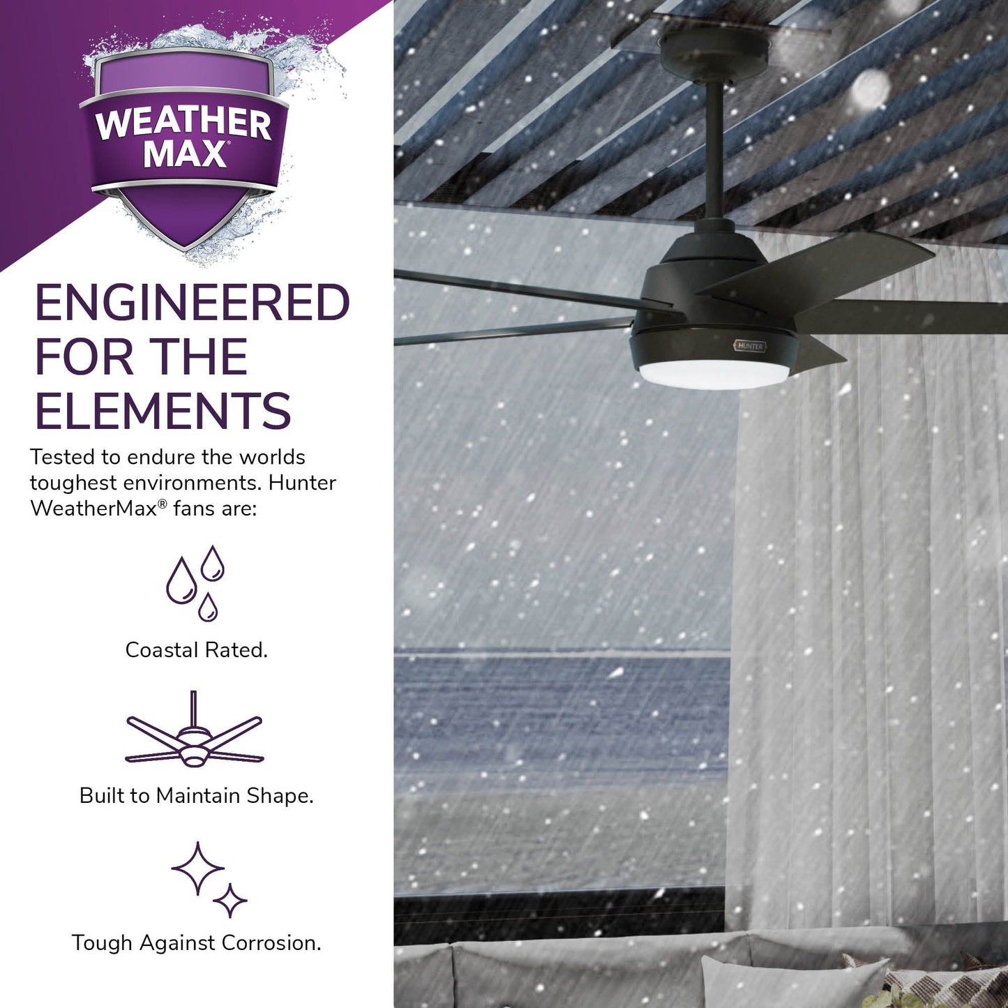 Hunter 52 Skyflow Outdoor Ceiling Fan w/ LED Light Kit, Wall Control - Coastal Modern Contemporary - WeatherMax - WET-RATED!