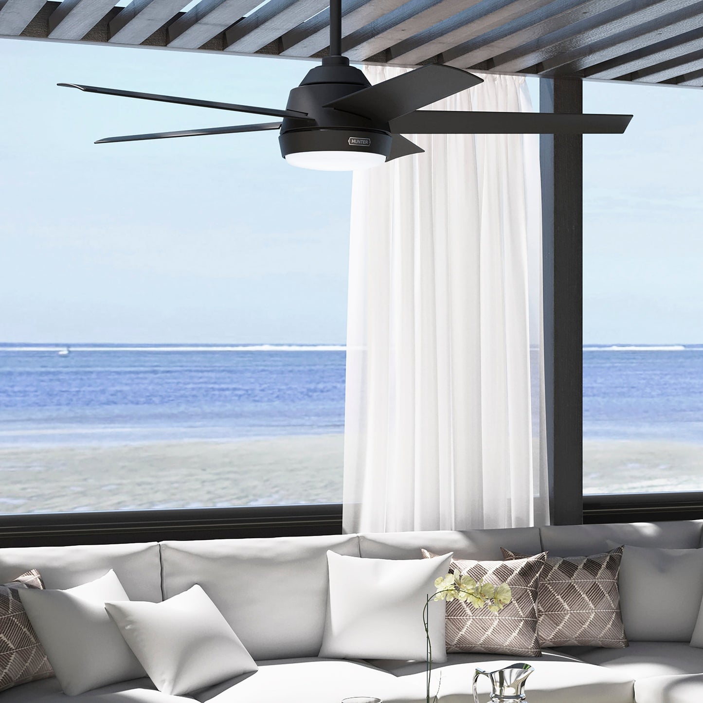 Hunter 52 Skyflow Outdoor Ceiling Fan w/ LED Light Kit, Wall Control - Coastal Modern Contemporary - WeatherMax - WET-RATED!