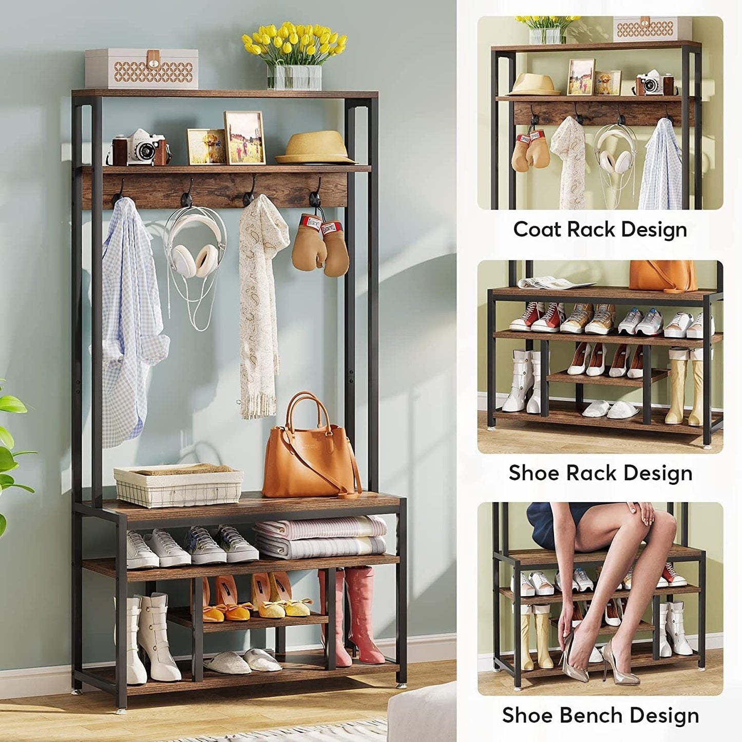 Industrial Hall Tree, Entryway Shoe Bench with Coat Rack Hook and Storage Shelving