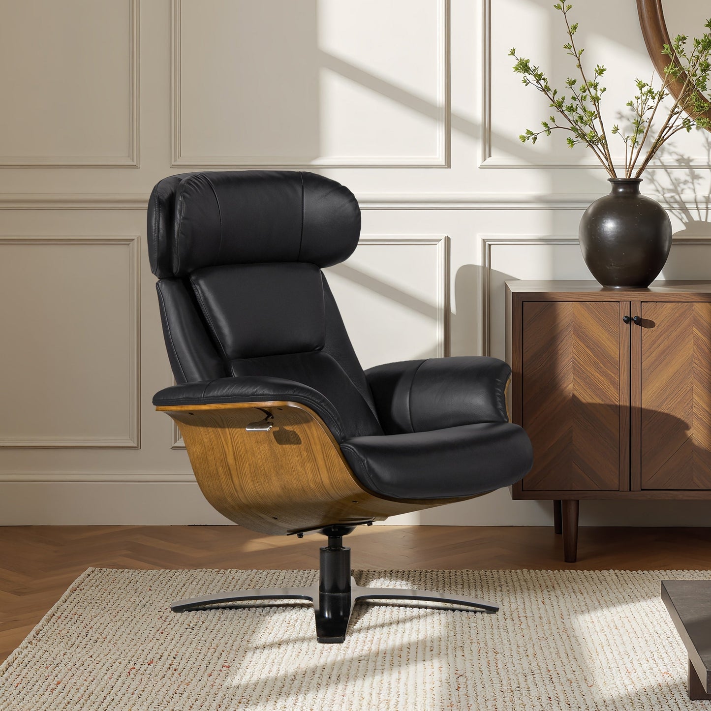 Jovan 31.5 Curved Wood Genuine Leather Recliner Lounge Chair