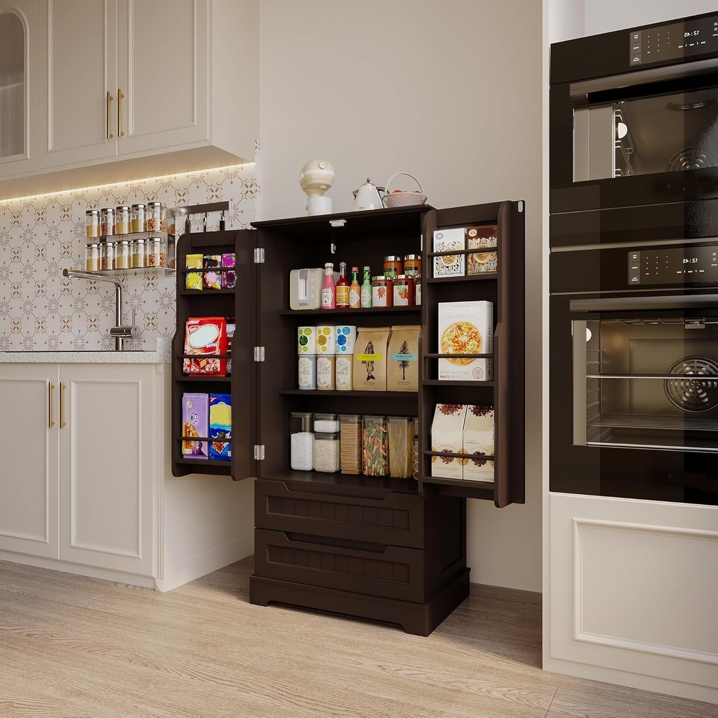 Kitchen Storage Pantry Cabinet, Freestanding Bathroom Storage Cabinet with 2 Doors and Drawers