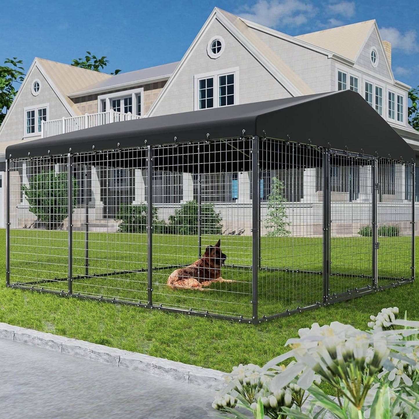 W 118 x D 118 x H 70 Large Outdoor Dog Kennel,Heavy Duty Dog Cage Enclosure with Waterproof Roof