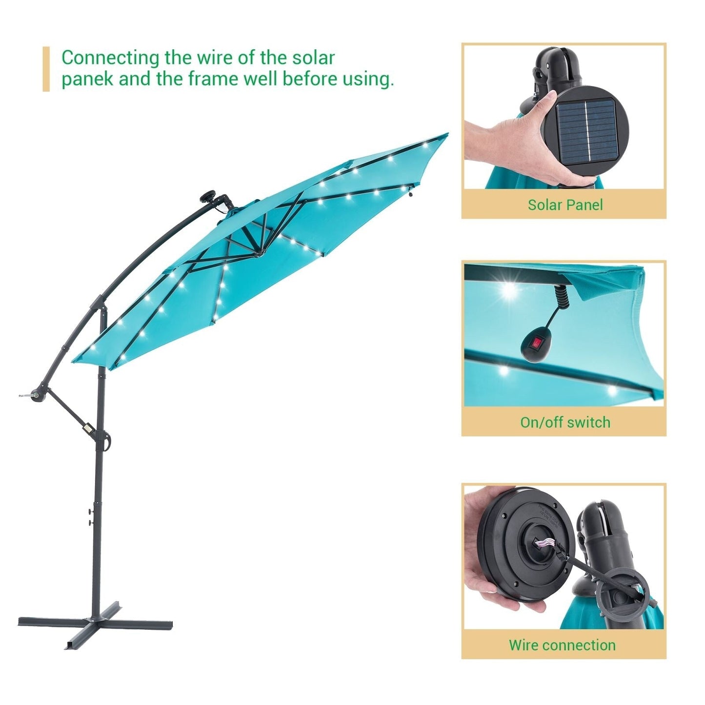 LIVOOSUN 10ft LED Patio Offset Umbrella With Cross Base