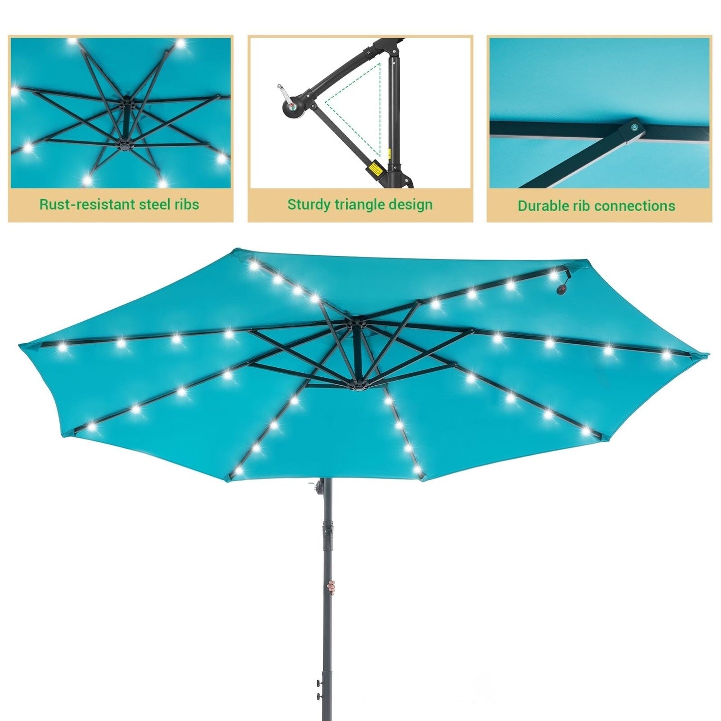 LIVOOSUN 10ft LED Patio Offset Umbrella With Cross Base