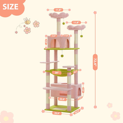 Large Cat Tower Cat Condo with Scratching Posts and Pads, 2 Padded Perch, Dual Condo and Basket