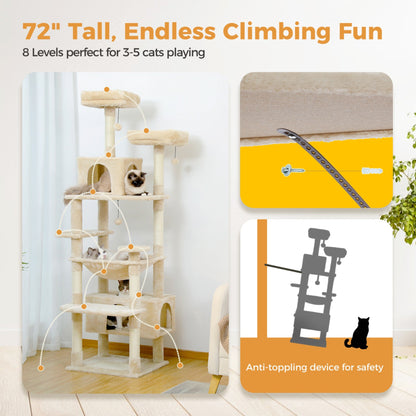 Large Cat Tower Cat Condo with Scratching Posts and Pads, 2 Padded Perch, Dual Condo and Basket
