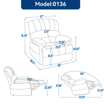Large Manual Recliner Chair for Adult, Comfortable Fabric Single Recliner Sofa, Overstuffed Reclining Chair for Living Room