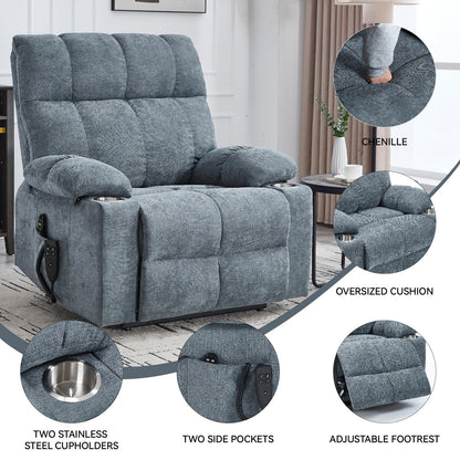 Lazy Boy Dual Motor Chenille Power Lift Recliner w/Massage and Lumbar Heating, Dual Cup Holders, Grey-Blue
