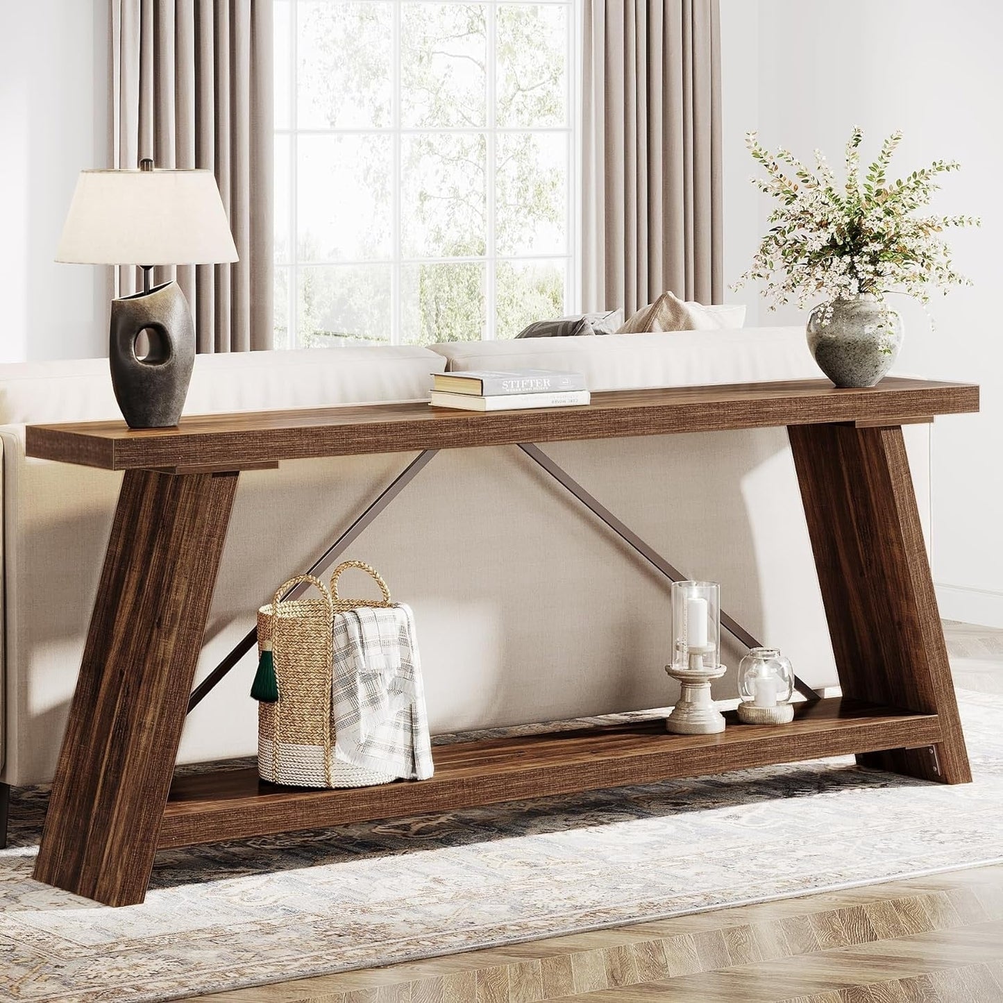 70.9 Inches Long Rustic Wood Console Sofa Table with Storage Shelf