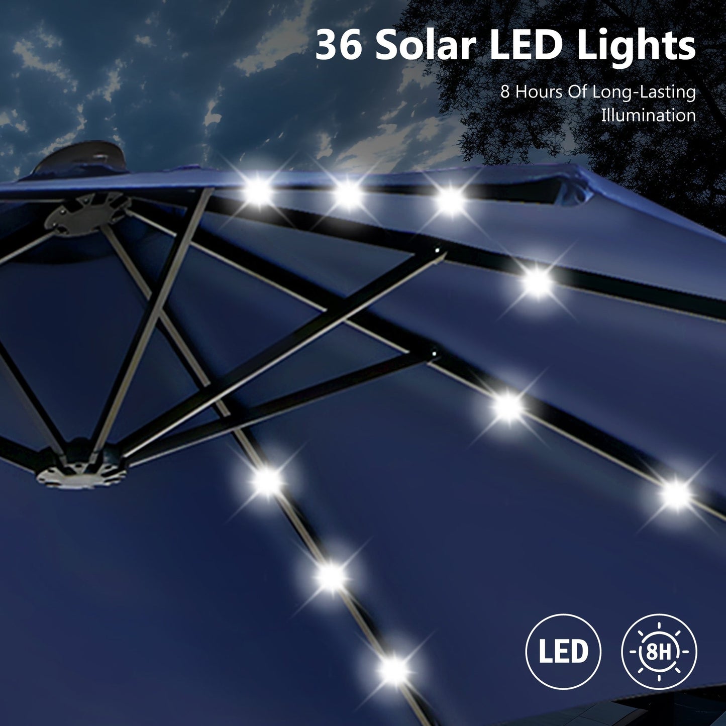 MAISON ARTS 15-foot Rectangular Crank Double-sided Outdoor Market Umbrella Solar LED Lighted Patio Umbrella with Base Included