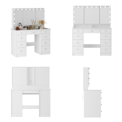 Makeup Vanity w/Tri-Fold Mirror Certified Lighting Glass Top Dresser