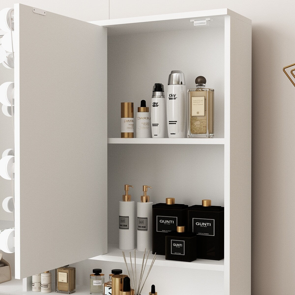 Makeup Vanity w/Tri-Fold Mirror Certified Lighting Glass Top Dresser