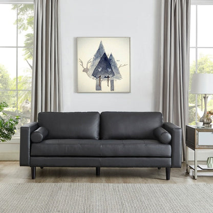 Modern Genuine Leather Sofa with Wooden Legs & Additional Bolster Pillow