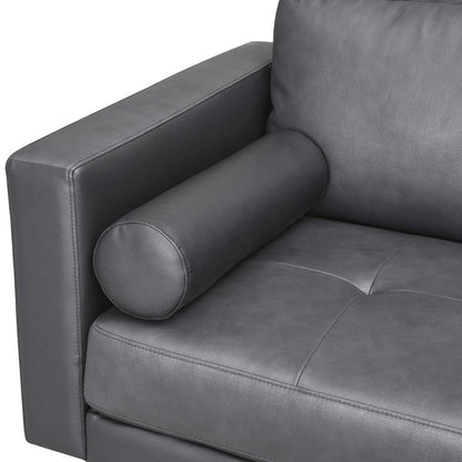 Modern Genuine Leather Sofa with Wooden Legs & Additional Bolster Pillow