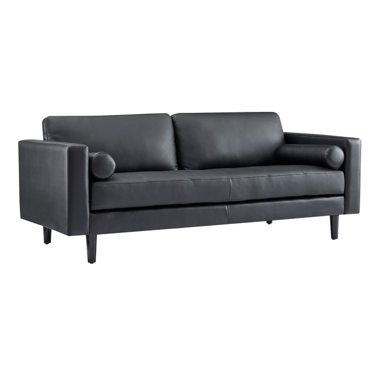 Modern Genuine Leather Sofa with Wooden Legs & Additional Bolster Pillow