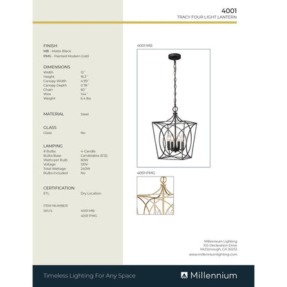 Millennium Lighting Tracy 4 Light Pendant Fixture in Multiple Finishes