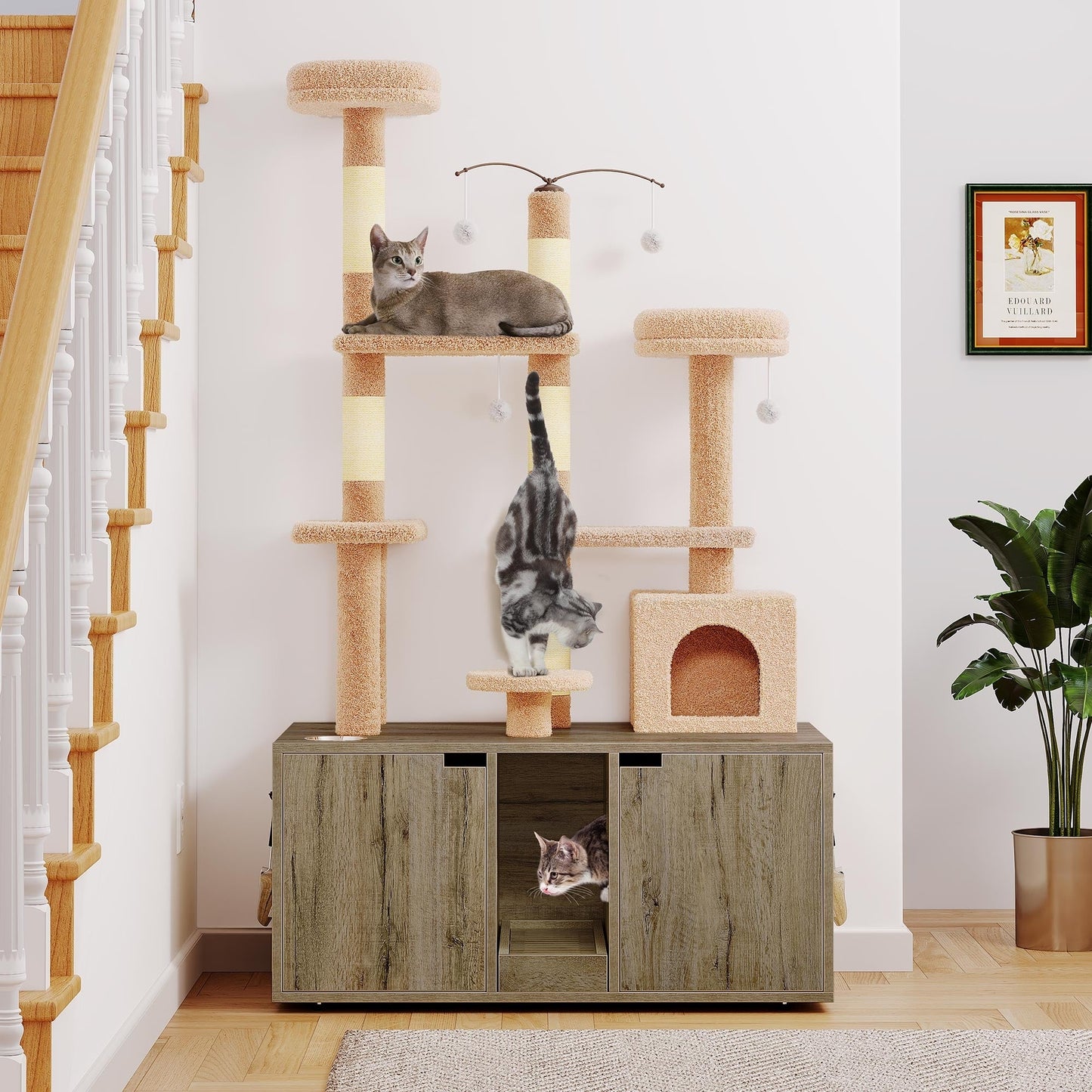 Moasis Double Cat Litter Box Enclosure with Scratching Post Cat Tree