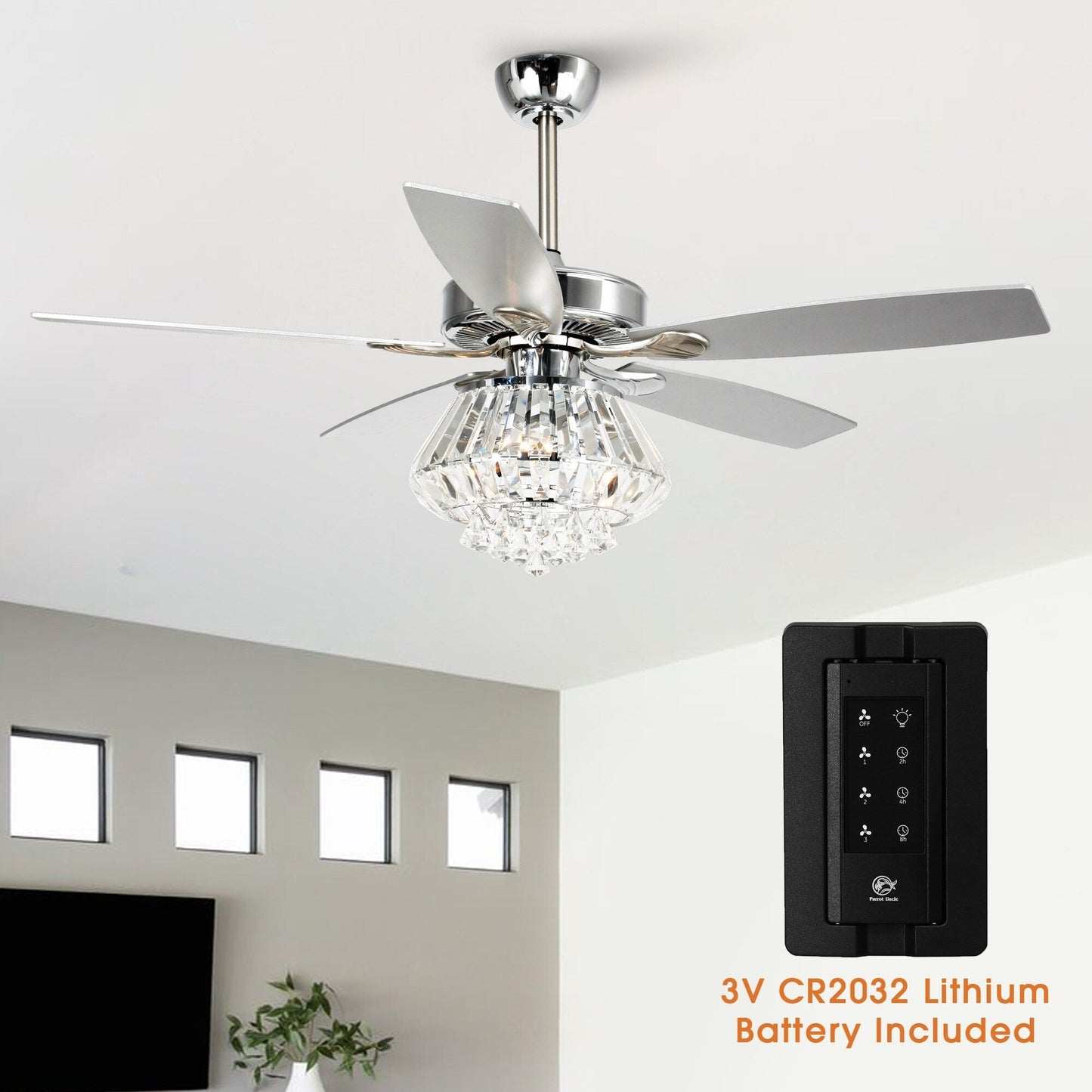 Modern Chrome 52-inch Crystal Chandelier Ceiling Fan with Remote