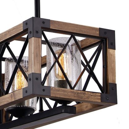 Modern Farmhouse 5-Light Wood Rectangle Chandelier Seeded Glass Kitchen Island Lights for Dining Room - 31.5 L x 8.75 W x 8 H