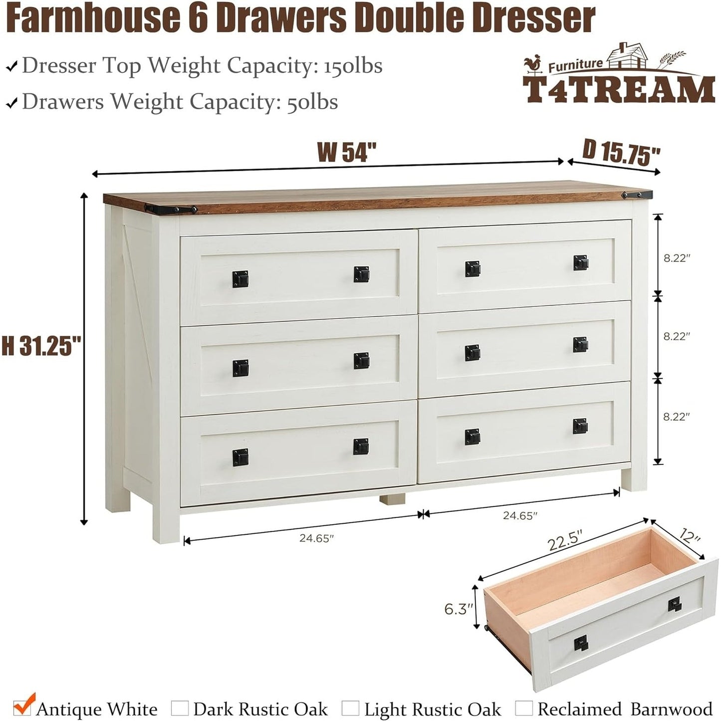 Farmhouse 6 Drawer Dresser, Wood TV Stand, Chest of Drawers