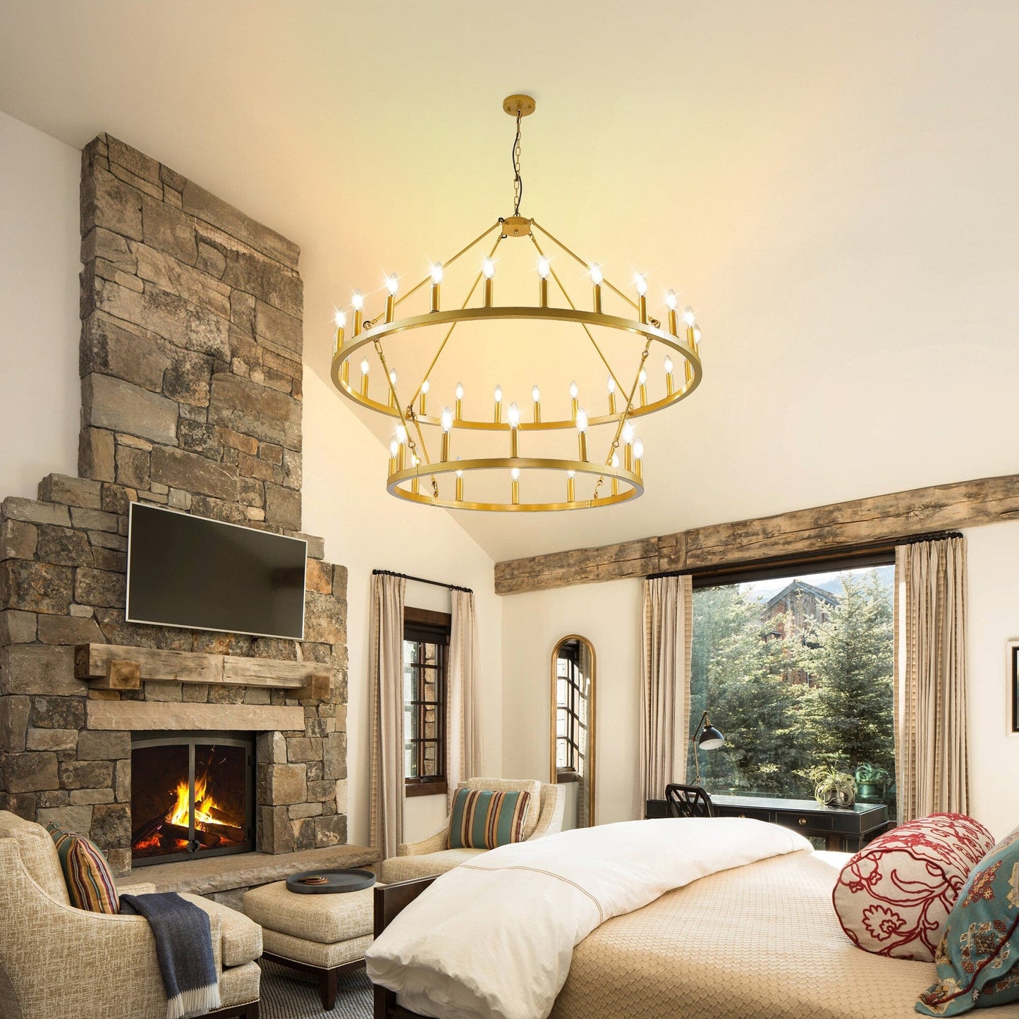Modern Farmhouse Chandelier 2 Tier Round Wagon Wheel Chandelier Large High Ceiling Light.