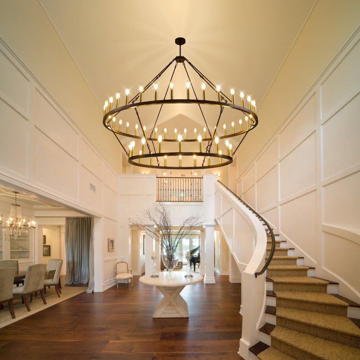 Modern Farmhouse Chandelier 2 Tier Round Wagon Wheel Chandelier Large High Ceiling Light.