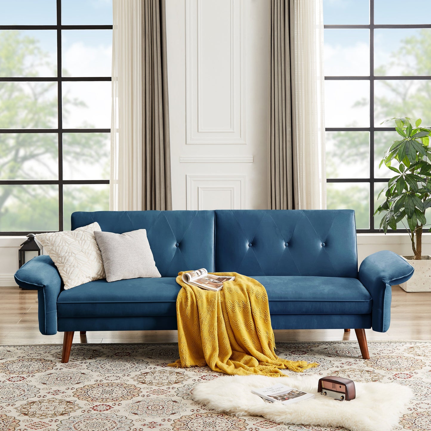 Modern Futon Sofa Bed, Convertible Sleeper Sofa with Tapered Wood Legs, 78.35 W, Small Split Back Sofa for Living Room