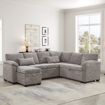 Modern L-Shaped Chenille Sectional Sofa with Pull-Out Sleeper, Storage Seats, Ottoman and 2 Pillows for Living Room