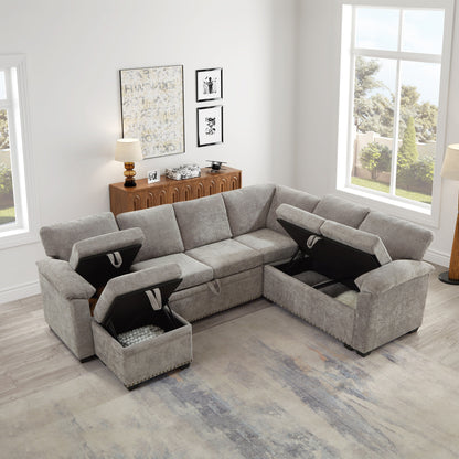 Modern L-Shaped Chenille Sectional Sofa with Pull-Out Sleeper, Storage Seats, Ottoman and 2 Pillows for Living Room