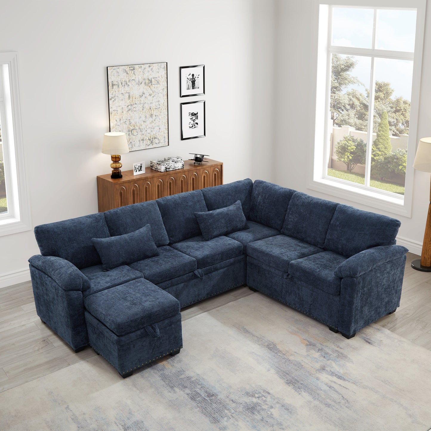 Modern L-Shaped Chenille Sectional Sofa with Pull-Out Sleeper, Storage Seats, Ottoman and 2 Pillows for Living Room
