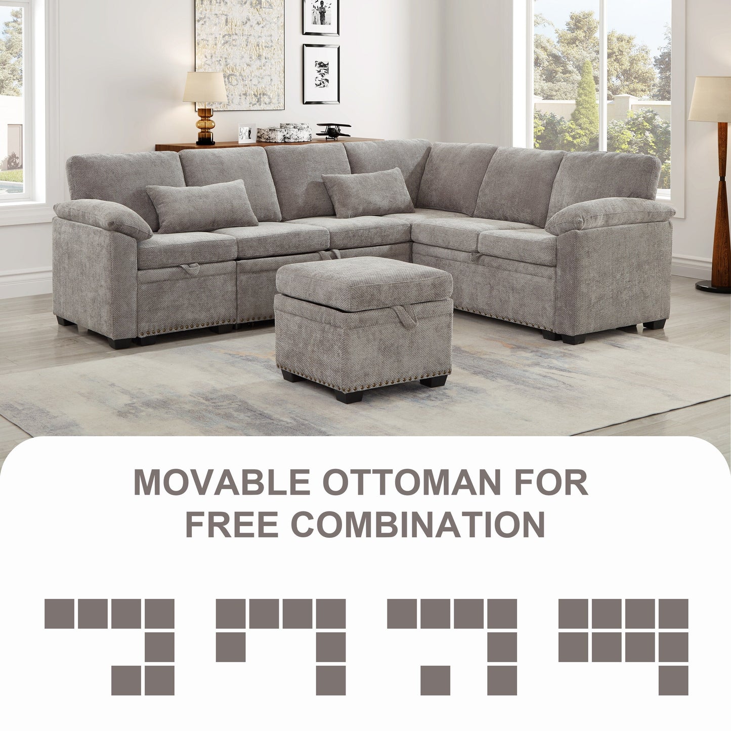 Modern L-Shaped Chenille Sectional Sofa with Pull-Out Sleeper, Storage Seats, Ottoman and 2 Pillows for Living Room