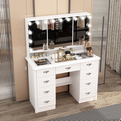 Modern White Makeup Vanity Fold Mirror Adjustable Lighting Dressing - 40.2x54.1