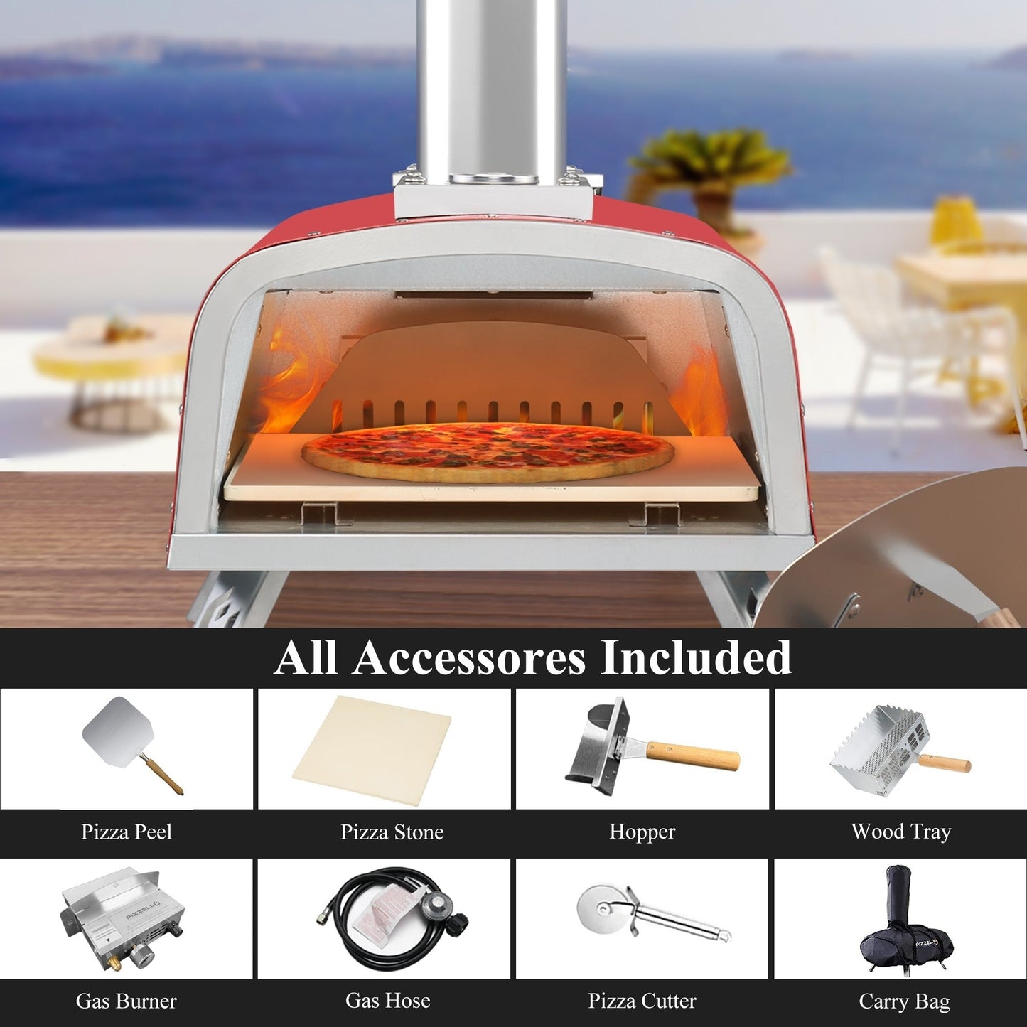 Multi-Fuel Outdoor Pizza Oven Stonebaked Pizza Maker with Gas Burner & Wood Box - 12 inch